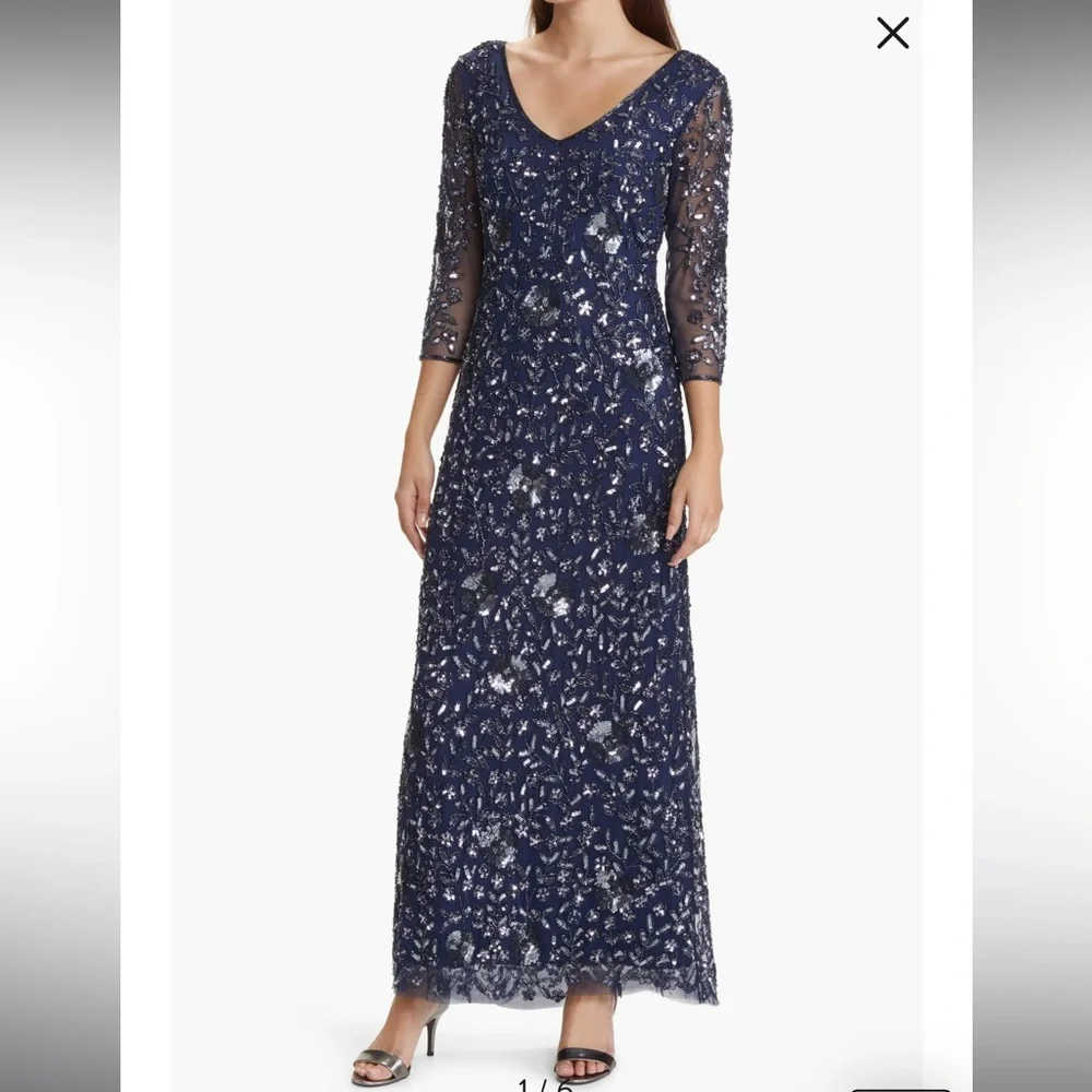 Pisarro Nights | Elegant Navy Blue Sequin Evening Gown | Size 14 - Picture 1 of 11